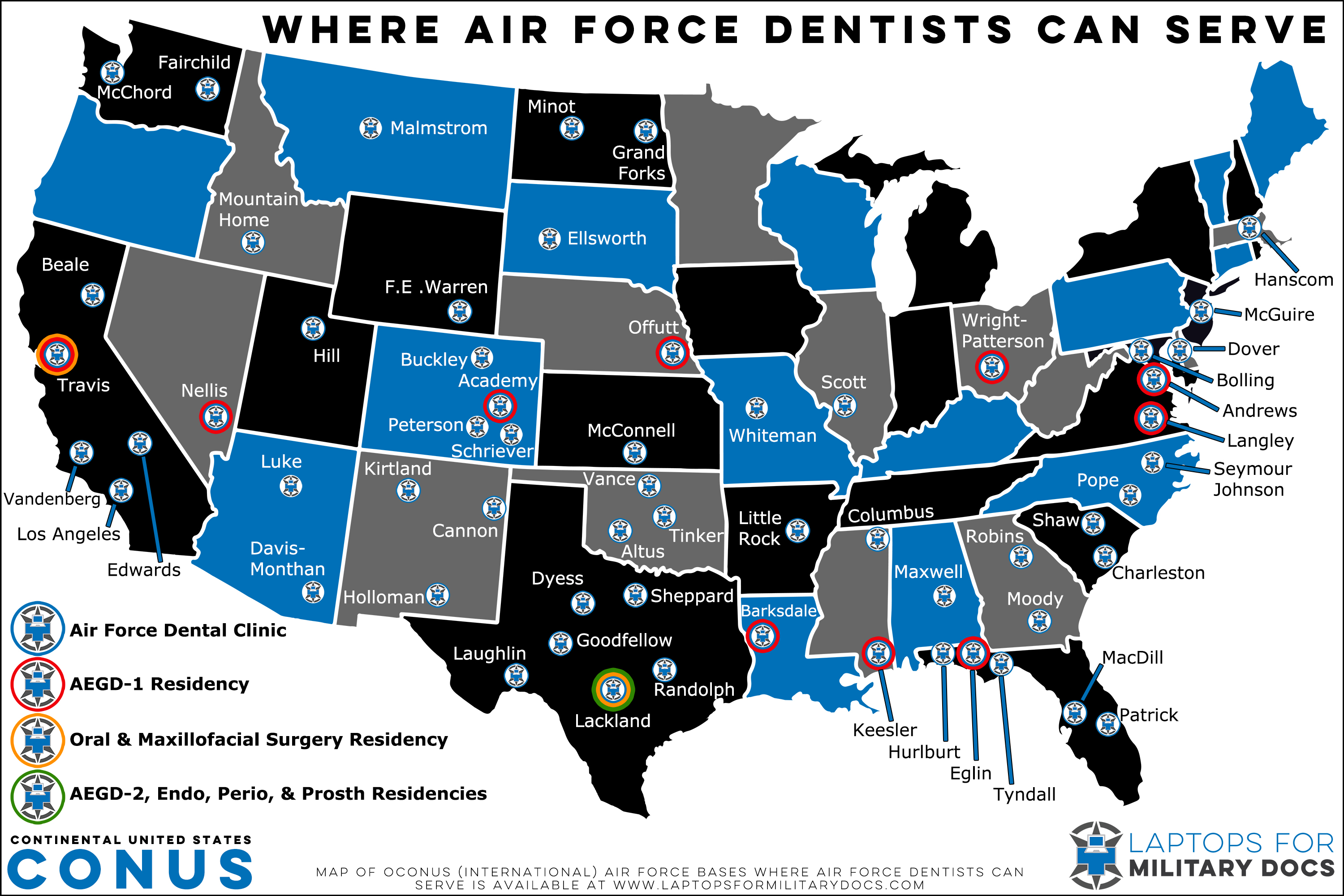 Map of Air Force Dental Bases Inside the Continental United States