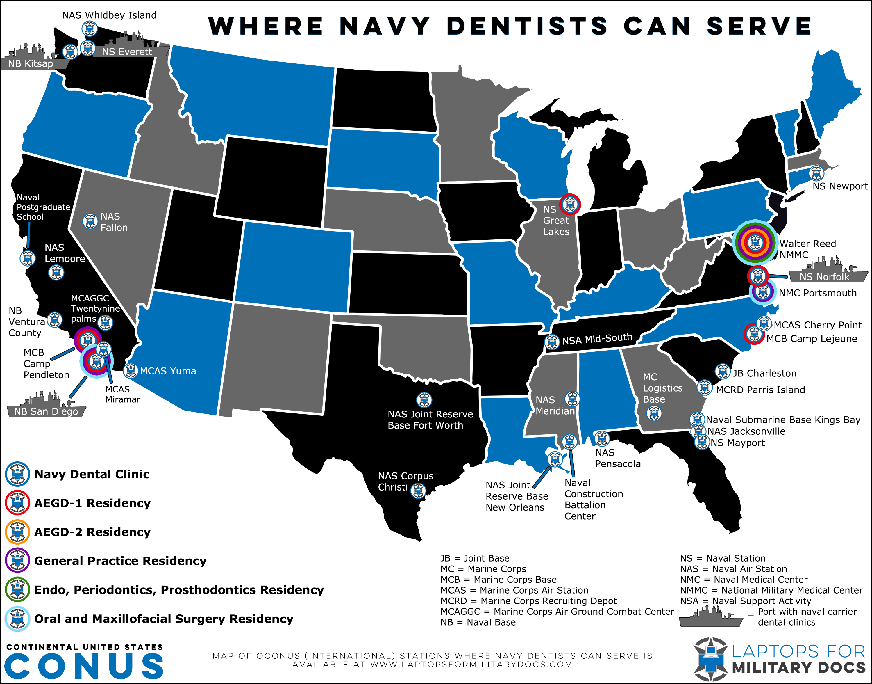 Map of Military Bases With Navy Dentists Inside the Continental United States