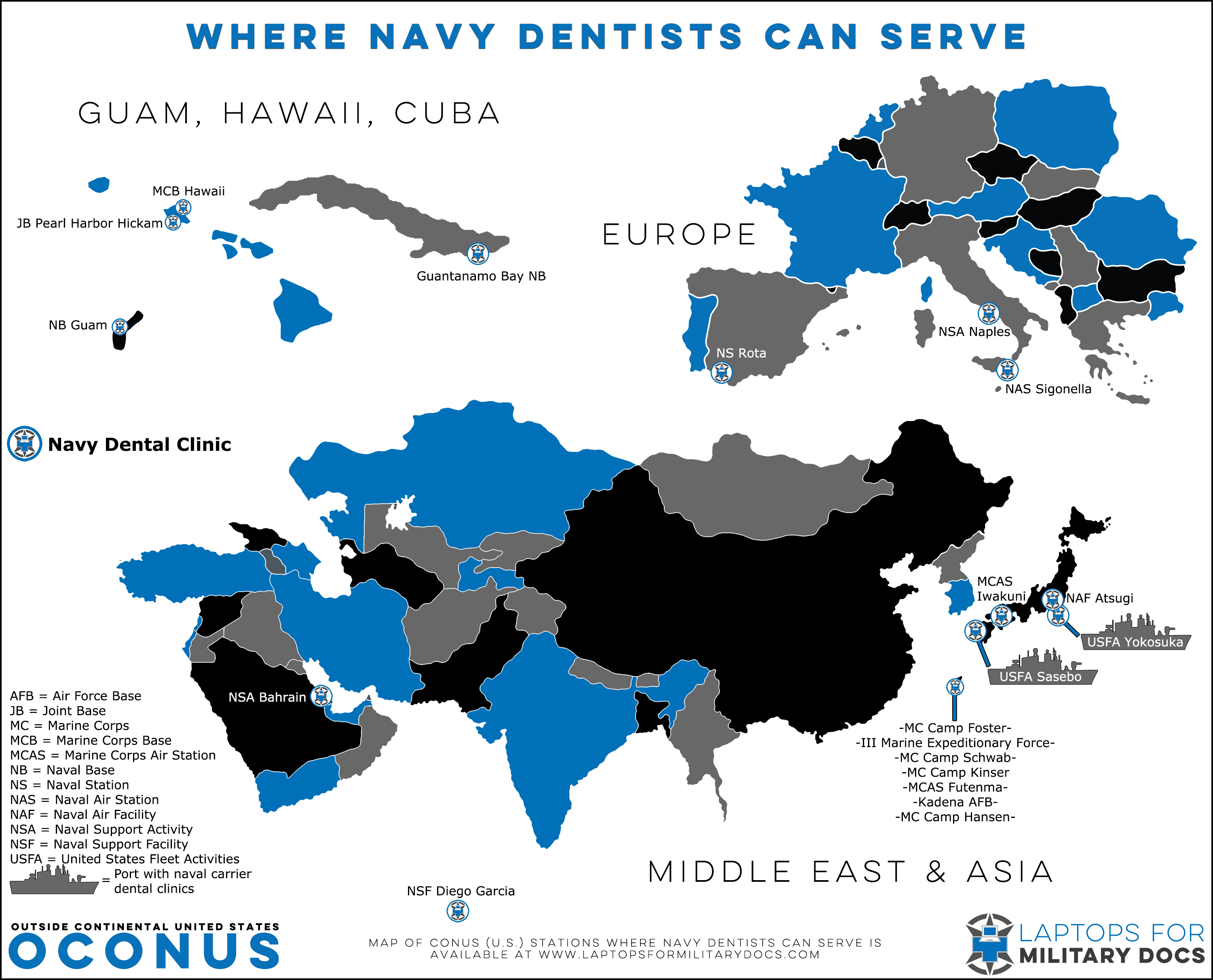 Map of Military Bases With Navy Dentists Outside the Continental United States